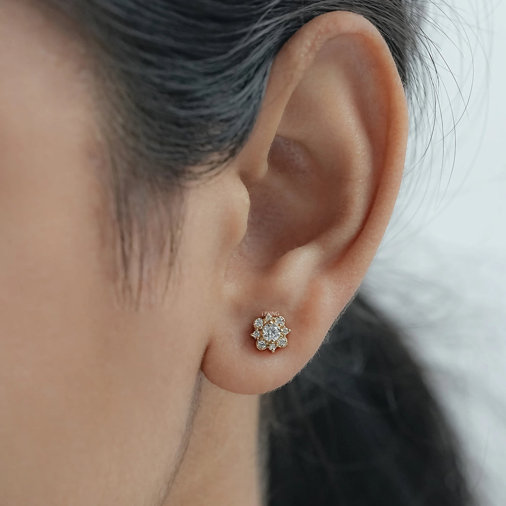 Round Lab Diamond Floral Style Halo Stud Earrings