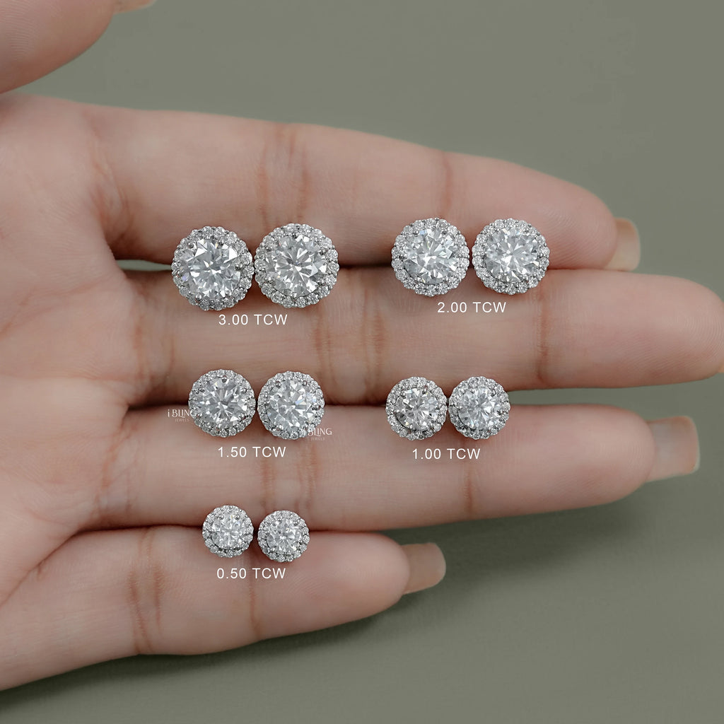 Round Moissanite Diamond Halo Stud Earrings