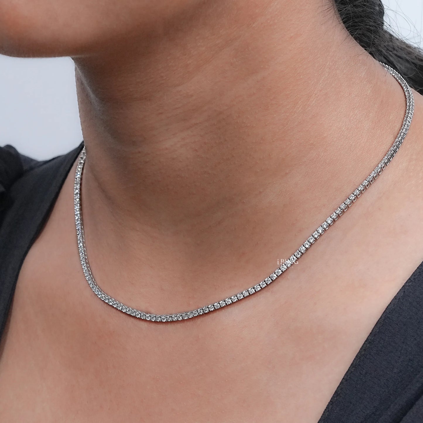 Neck view showing Round Lab Grown Diamond Tennis Necklace, ideal engagement or special occasion jewelry