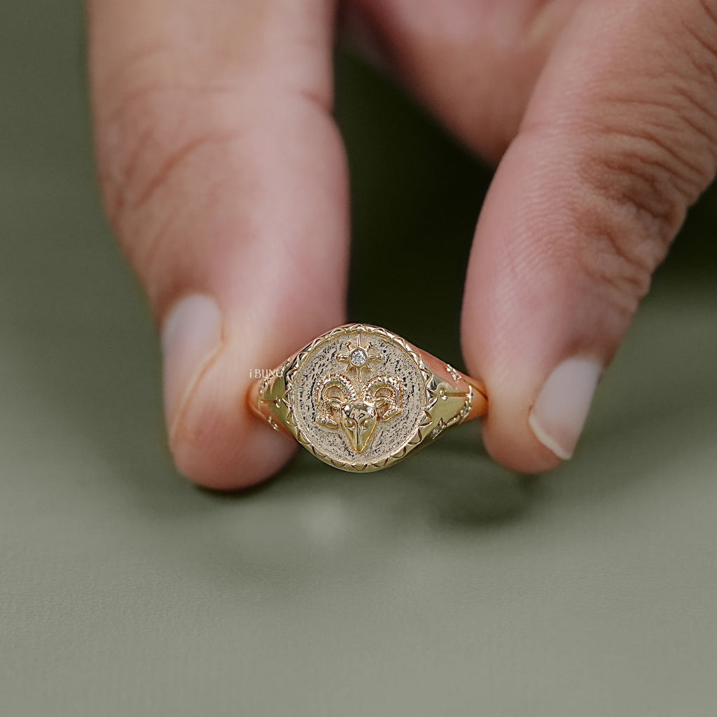 Aries Zodiac Diamond Signet Ring