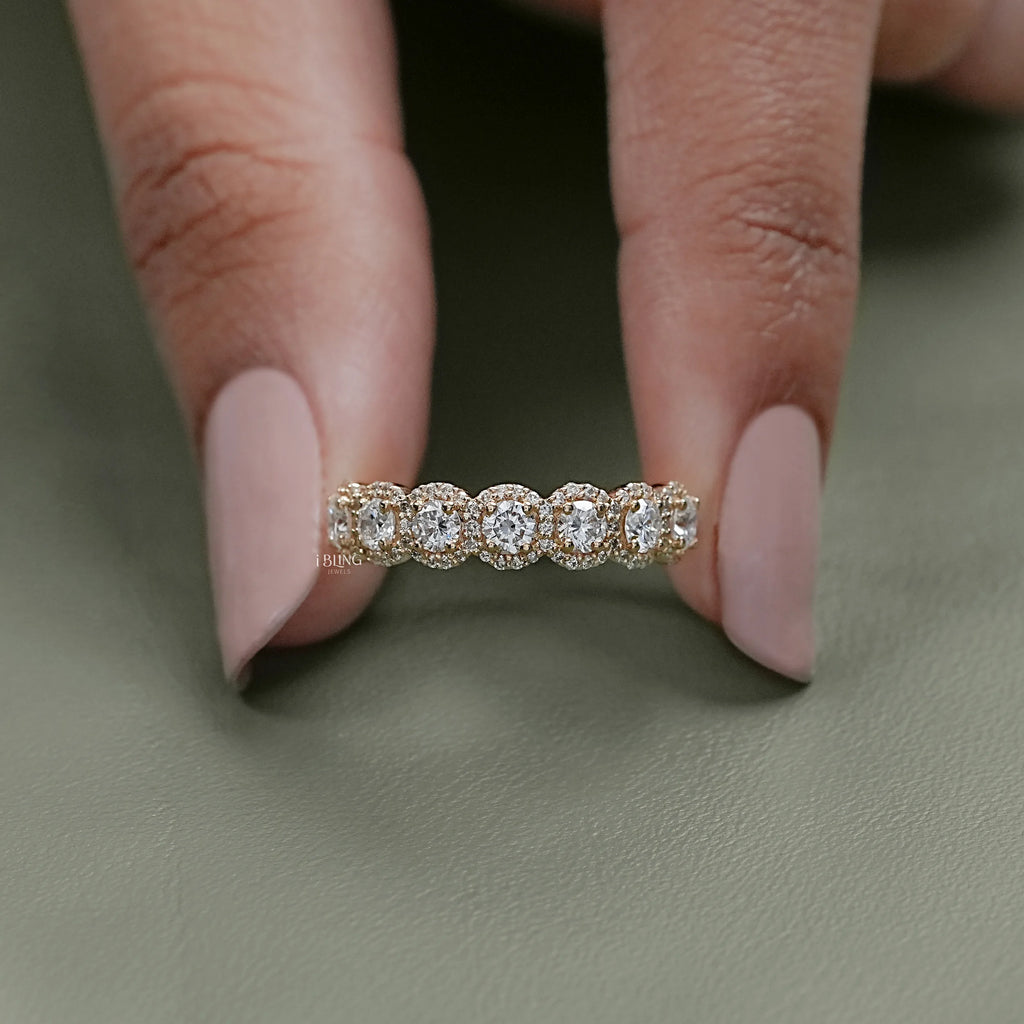 Round Lab Diamond Halo Wedding Band