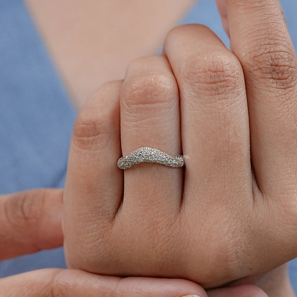 Round Diamond Pave Set Curved Wedding Band