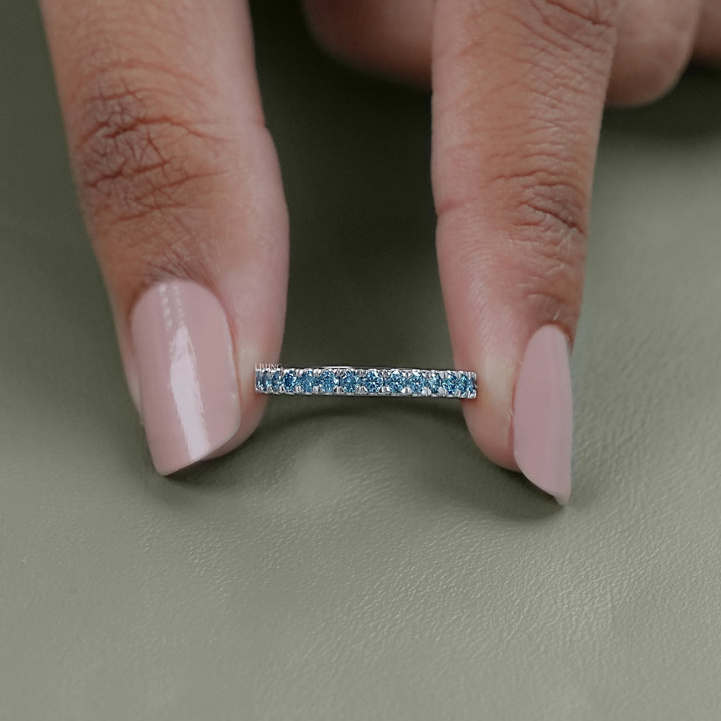 Blue Round Diamond Half Eternity Wedding Band
