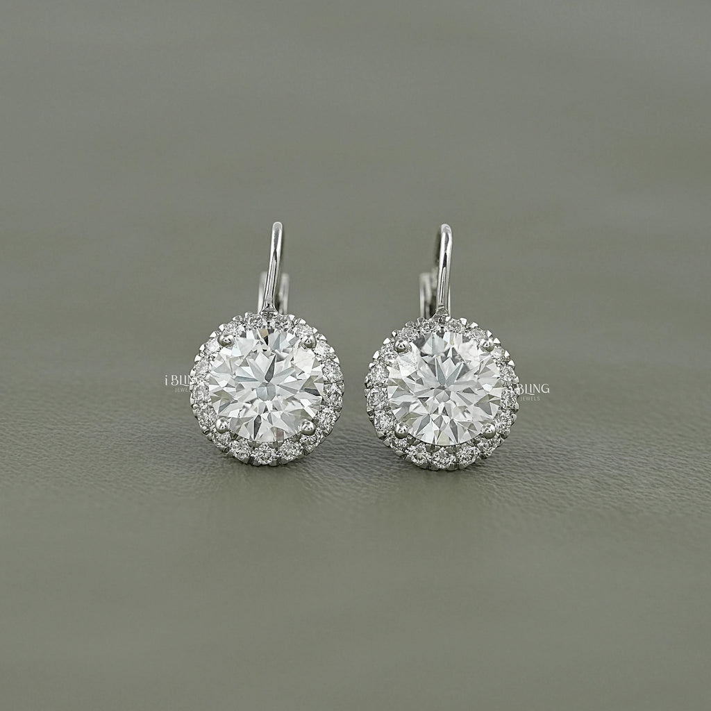 Round Cut Lab Grown Halo Lever Back Earrings