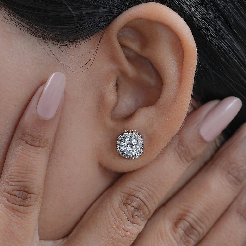 Round Cut Lab Diamond Halo Stud Earrings