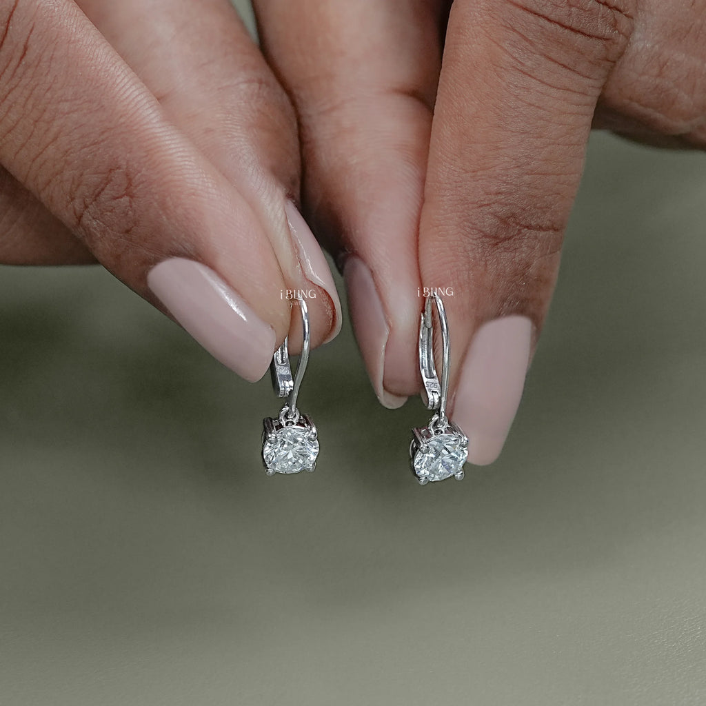 Round Solitaire Diamond Dangle Drop Earrings
