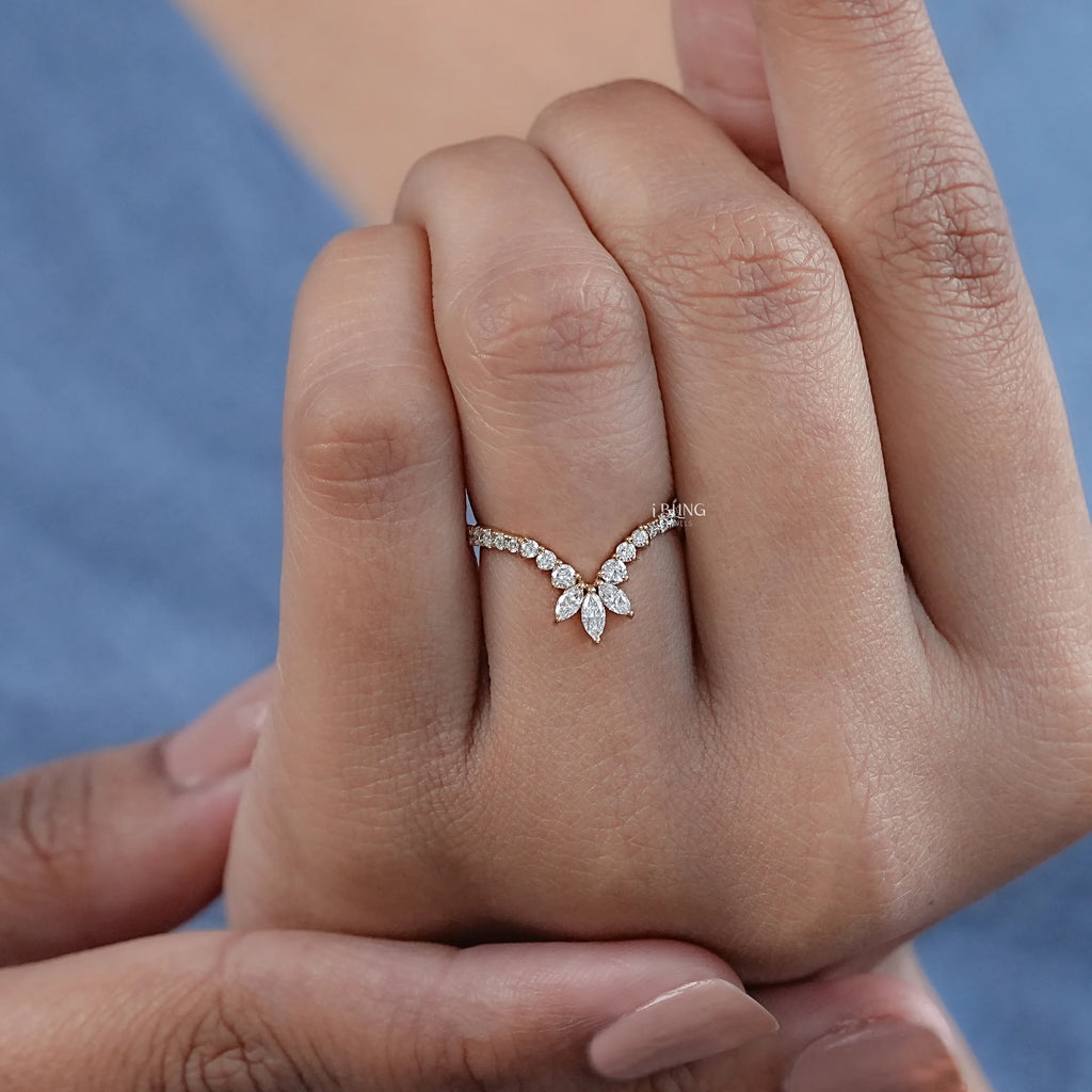 Marquise And Round Diamond Curved Wedding Band