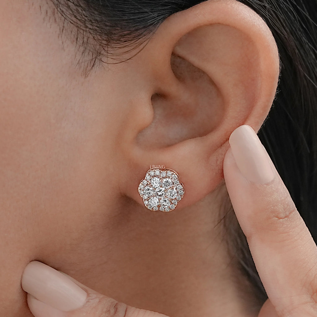 Floral Shape Round Lab Diamond Cluster Stud Earrings
