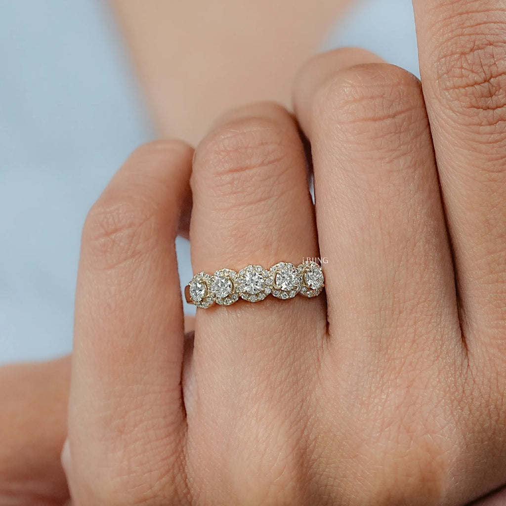 Round Lab Grown Diamond Five Stone Halo Wedding Band