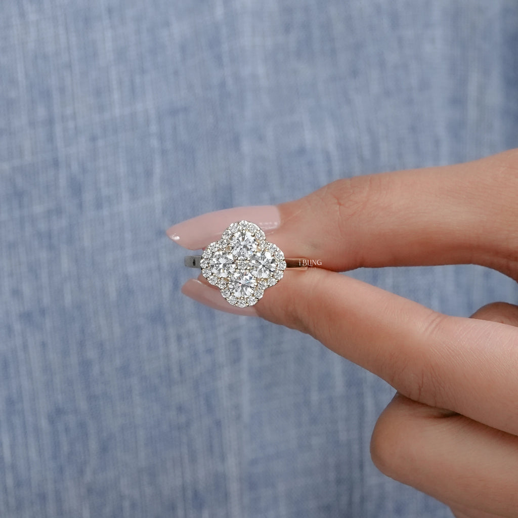 Round Lab Diamond Floral Design Halo Engagement Ring