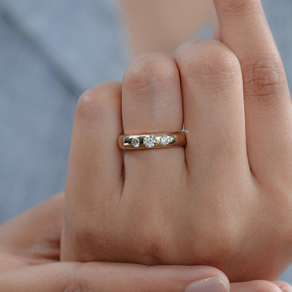 Three Stone Round Cut Flush Set Wedding Band