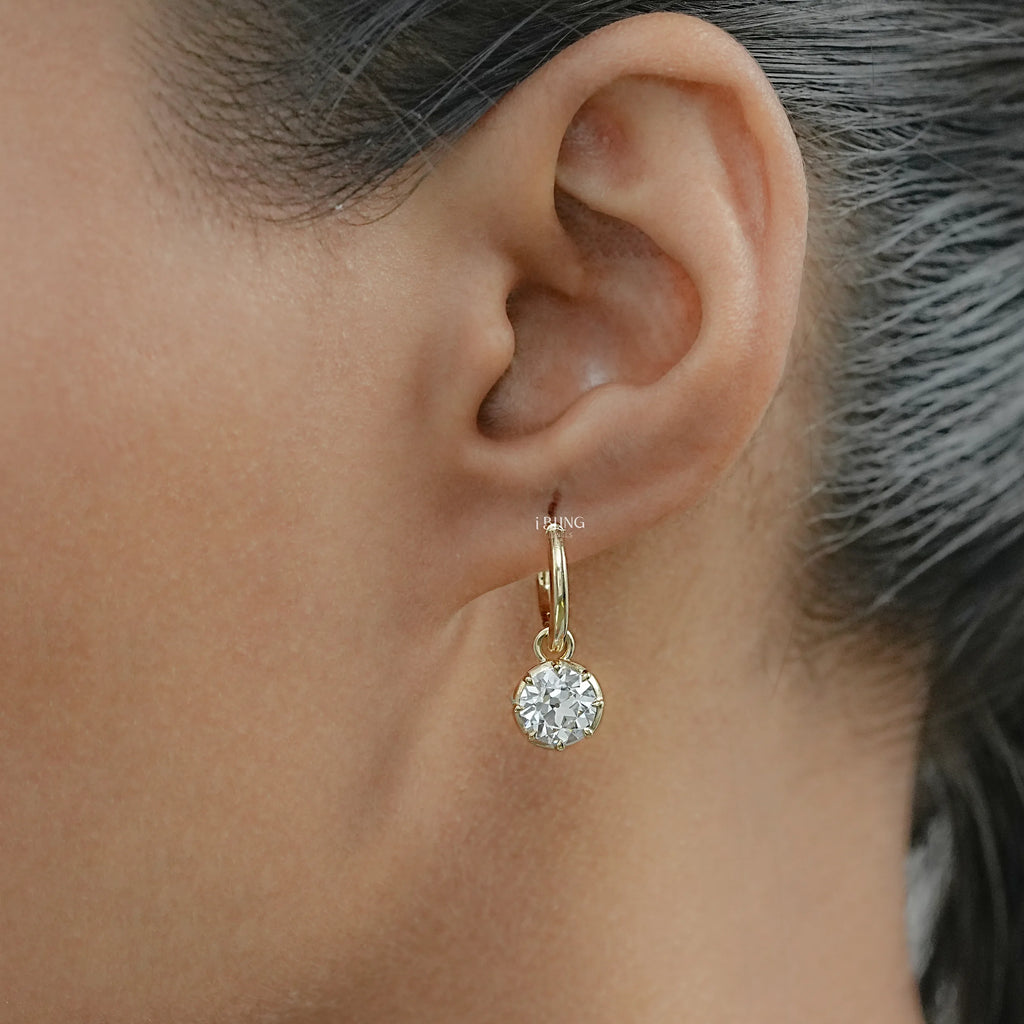 Old European Round Cut Drop Hoop Earrings