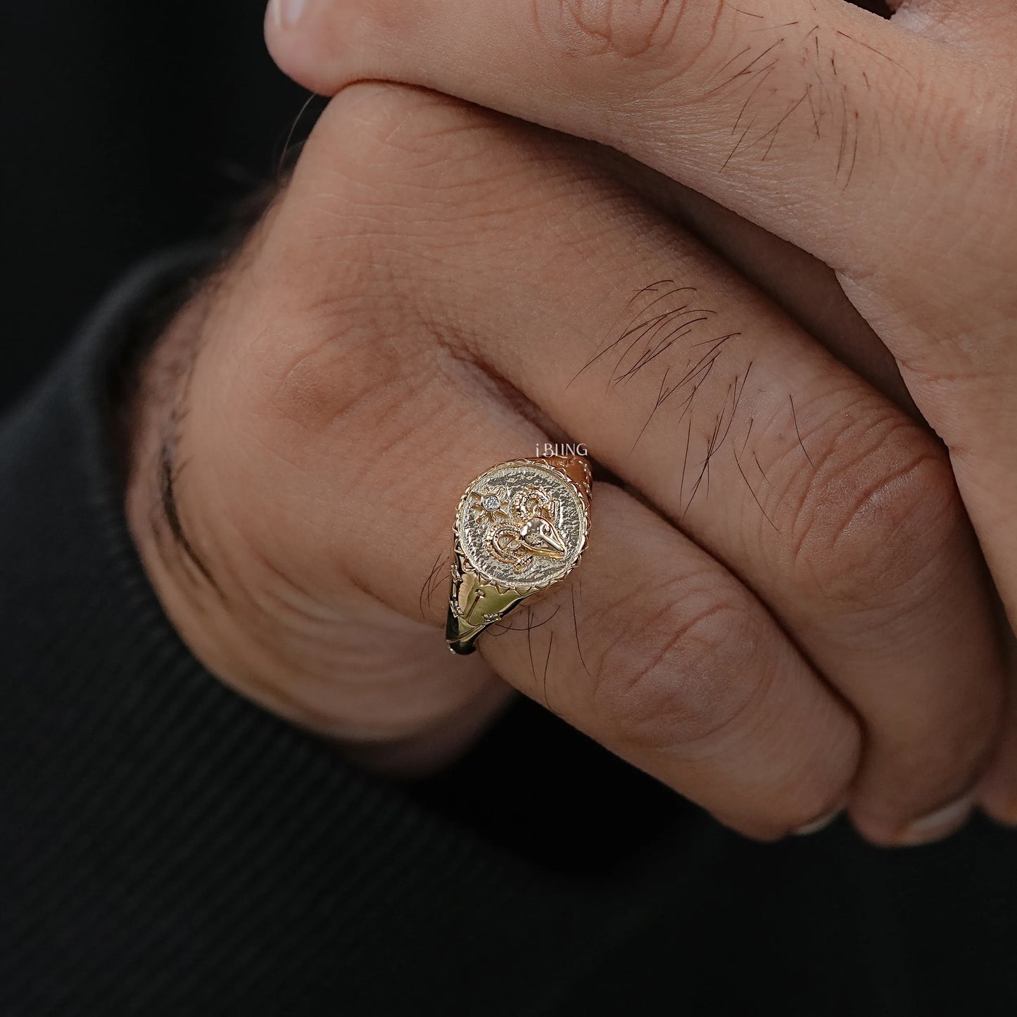 Aries Zodiac Diamond Signet Ring Men's Band