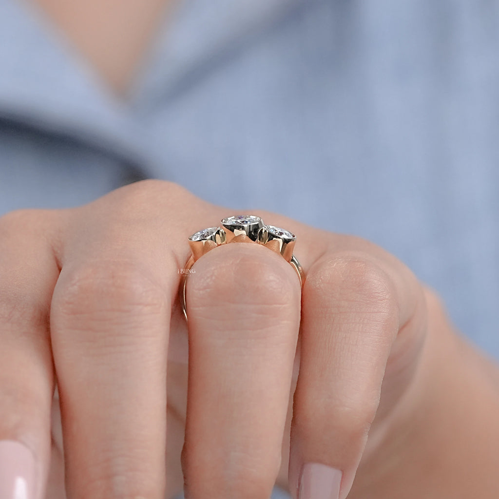 Three Stone Round Lab Diamond Bezel Set Engagement Ring