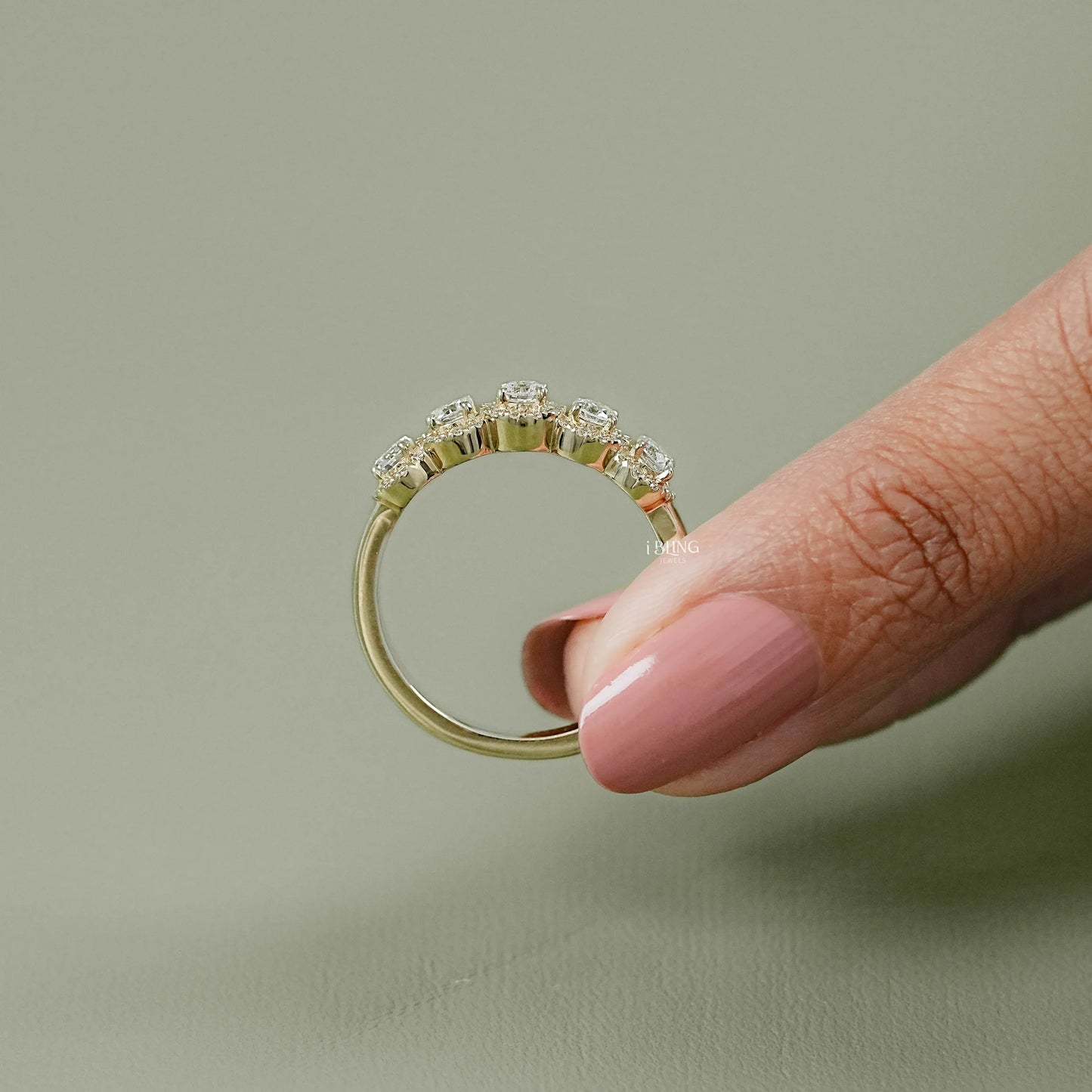 Round Lab Grown Diamond Five Stone Halo Wedding Band 5 Stone Ring