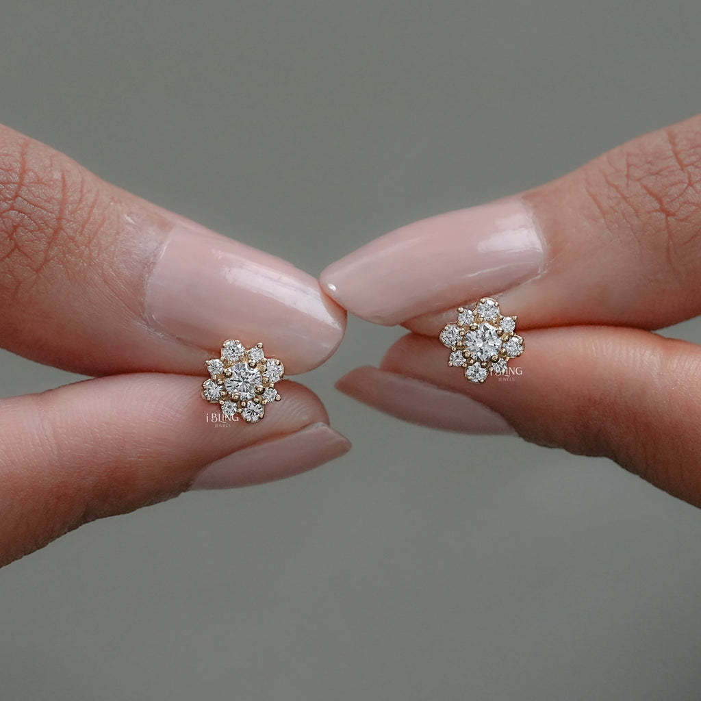 Round Lab Diamond Cluster Halo Stud Earrings