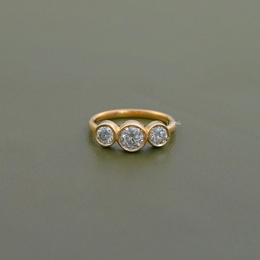 Three Stone Round Lab Diamond Bezel Set Engagement Ring