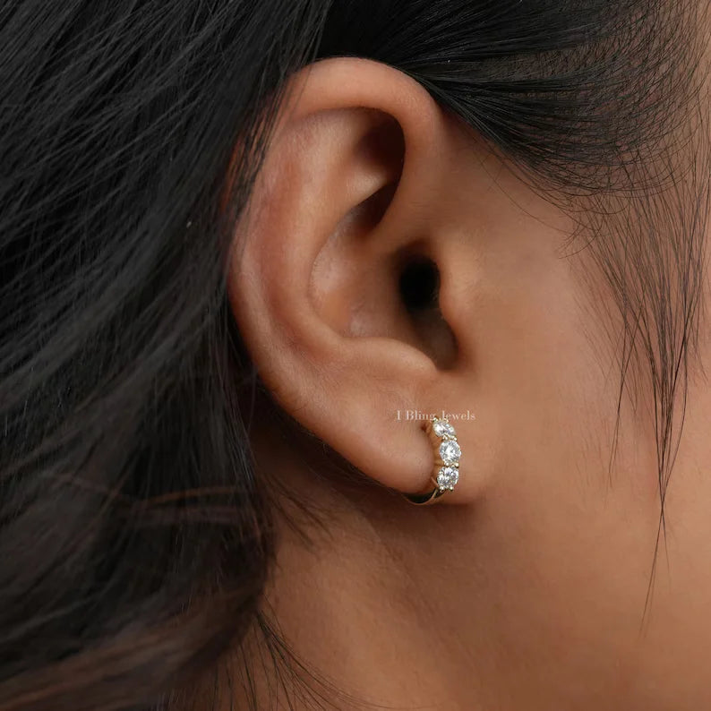Round Cut Three Stone Huggie Hoop Earrings