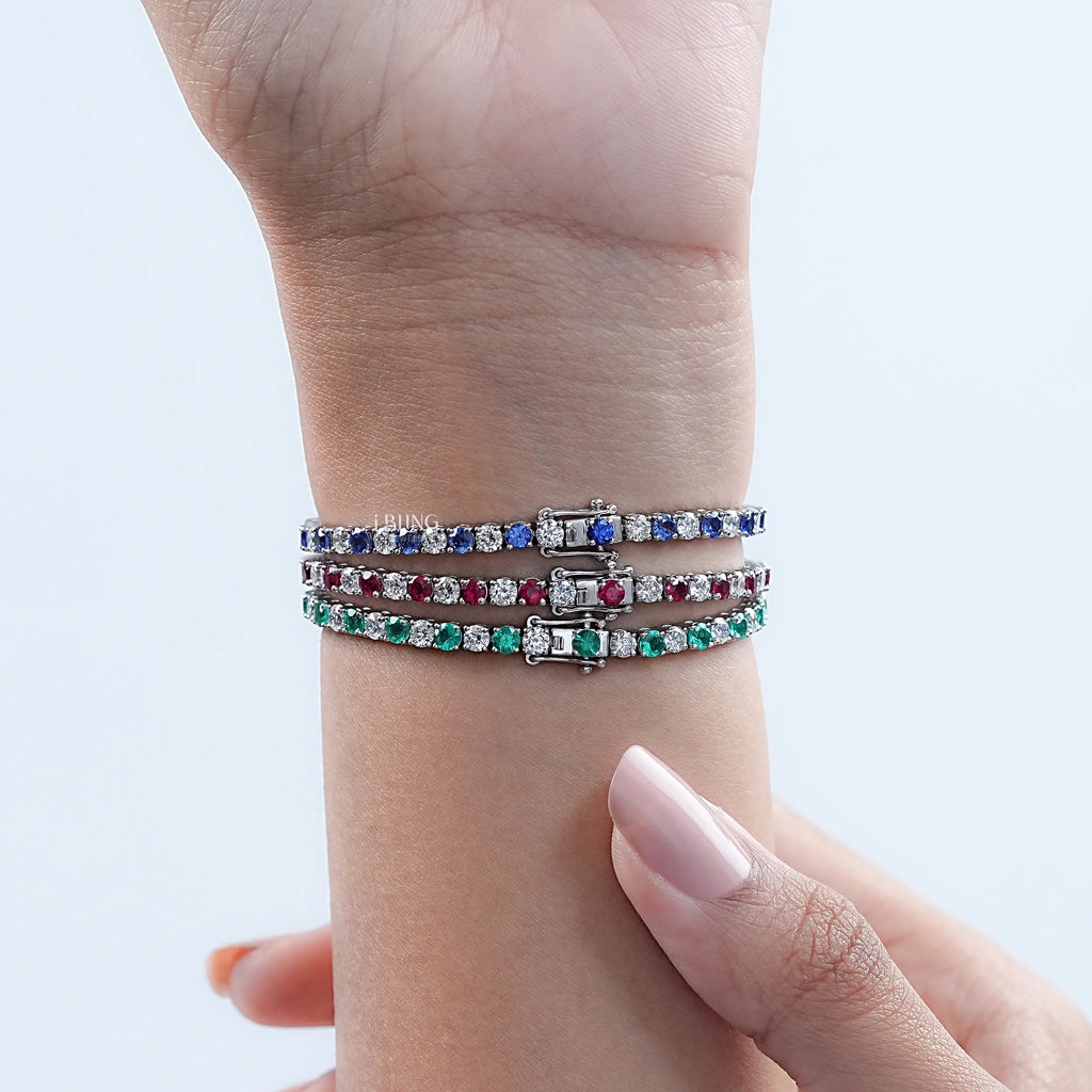 Multi Gemstone Round Diamond Tennis Bracelet