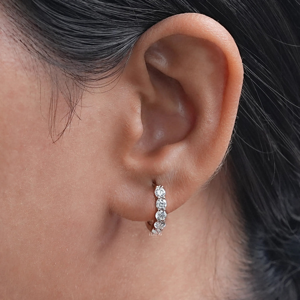 Five Stone Round Moissanite Huggie Hoop Earrings