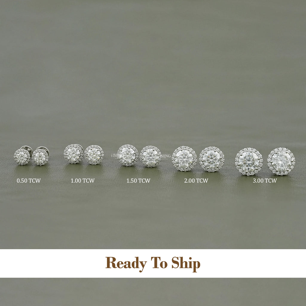Round Moissanite Diamond Halo Stud Earrings