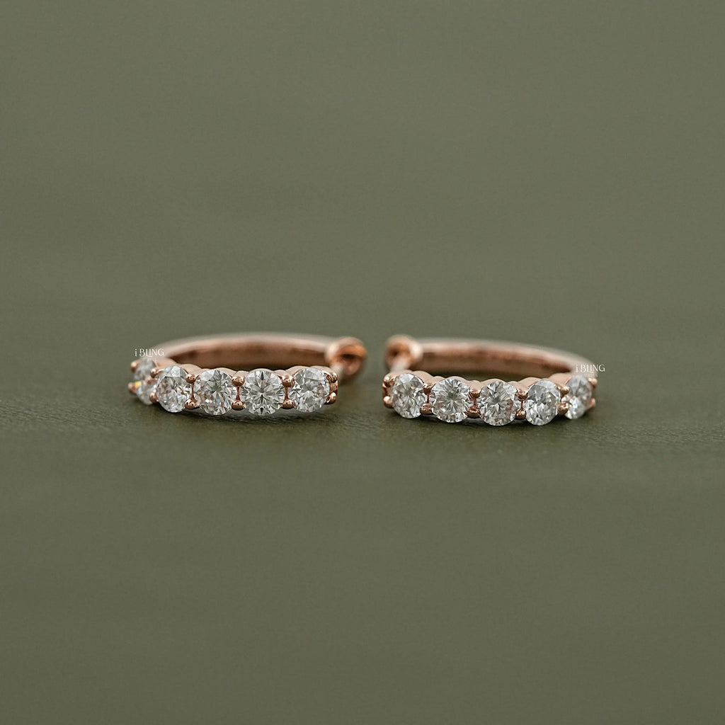 Five Stone Round Moissanite Huggie Hoop Earrings