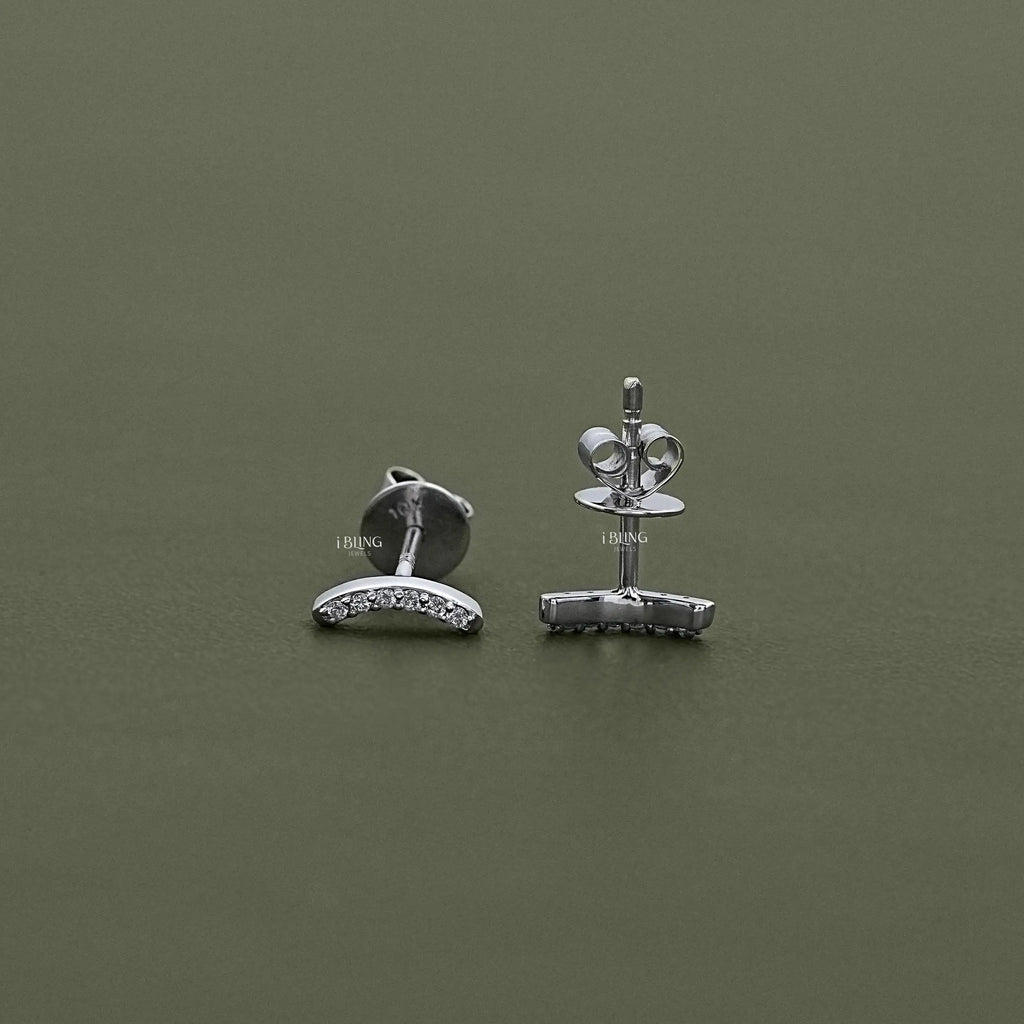 Curved Bar Round Diamond Stud Earrings