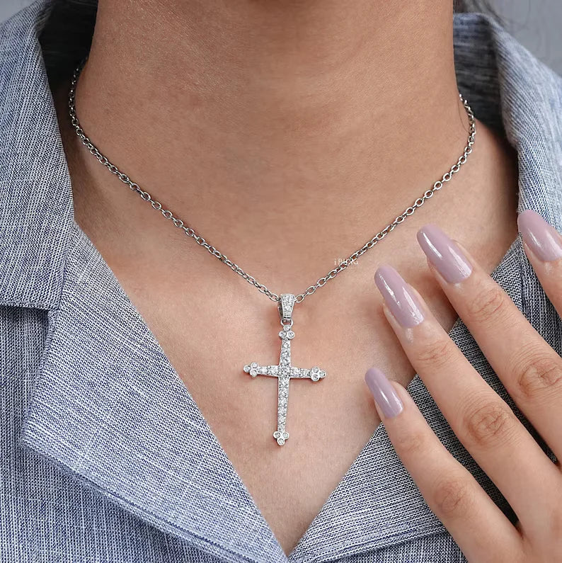 Round Cut Lab Grown Diamond Cross Pendant
