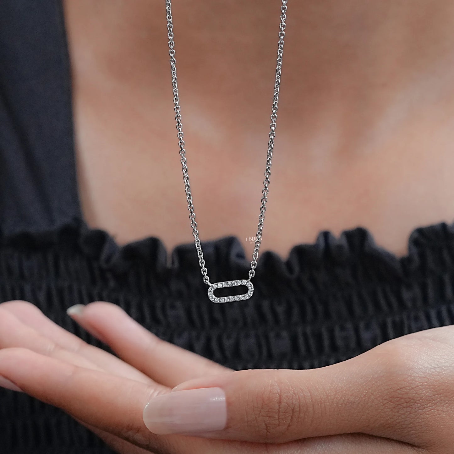 Round Cut Lab Diamond Pave Set Paperclip Necklace Pendants