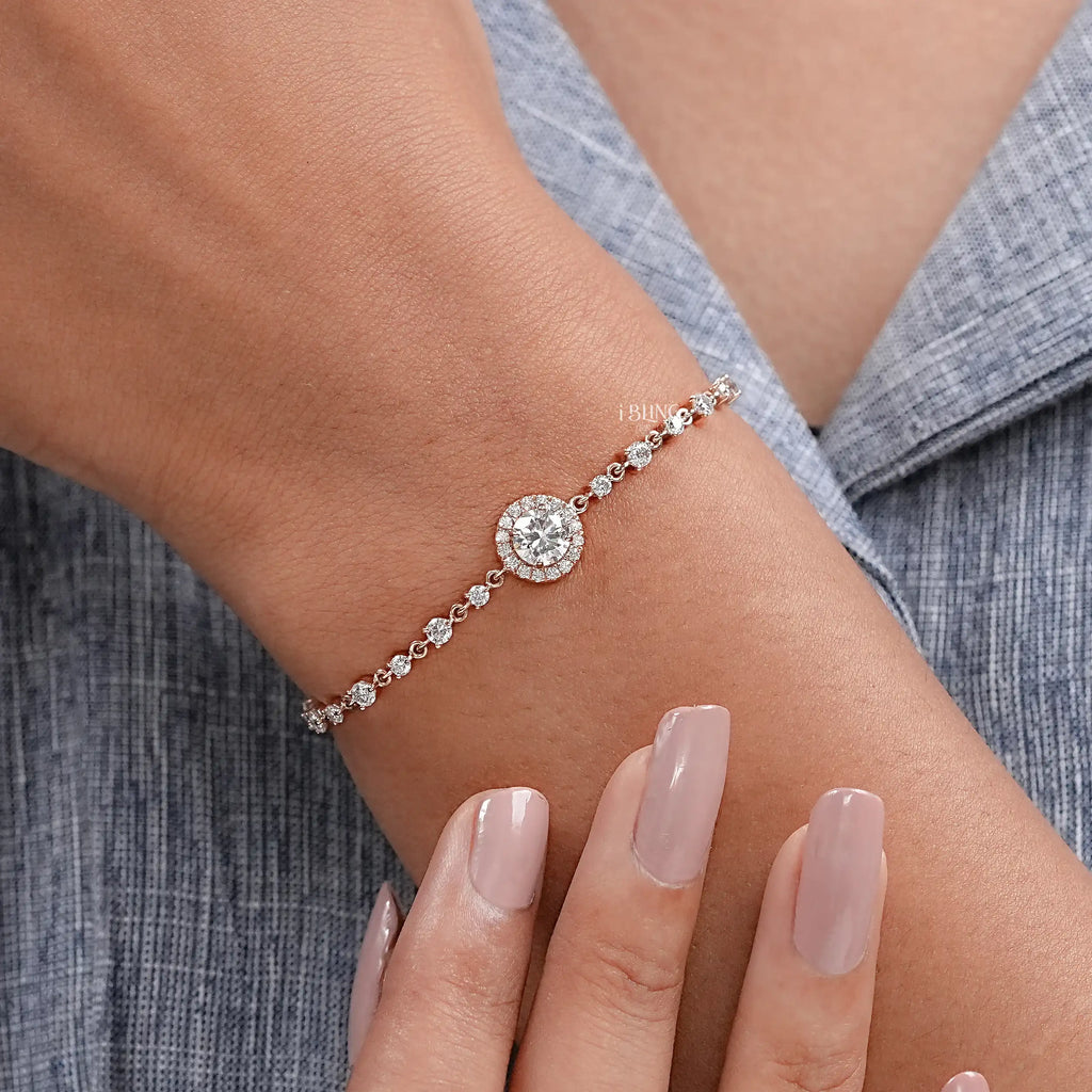 Round Cut CVD Diamond Halo Linked Bridal Bracelet