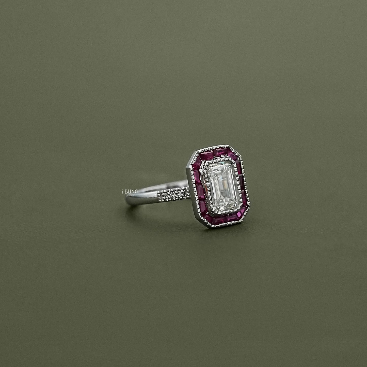 Ruby Tapered Baguette Halo Gemstone Engagement Ring