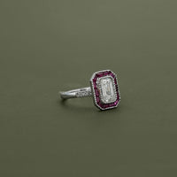 Ruby Tapered Baguette Halo Gemstone Engagement Ring