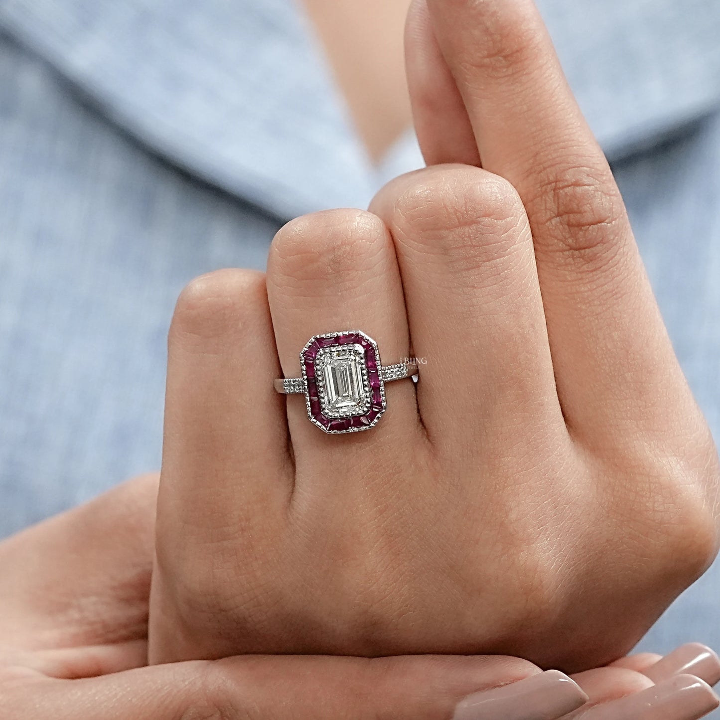 Ruby Tapered Baguette Halo Gemstone Engagement Ring