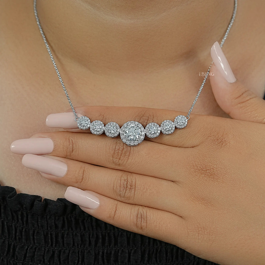 Seven Stone Round Diamond Halo Pendant