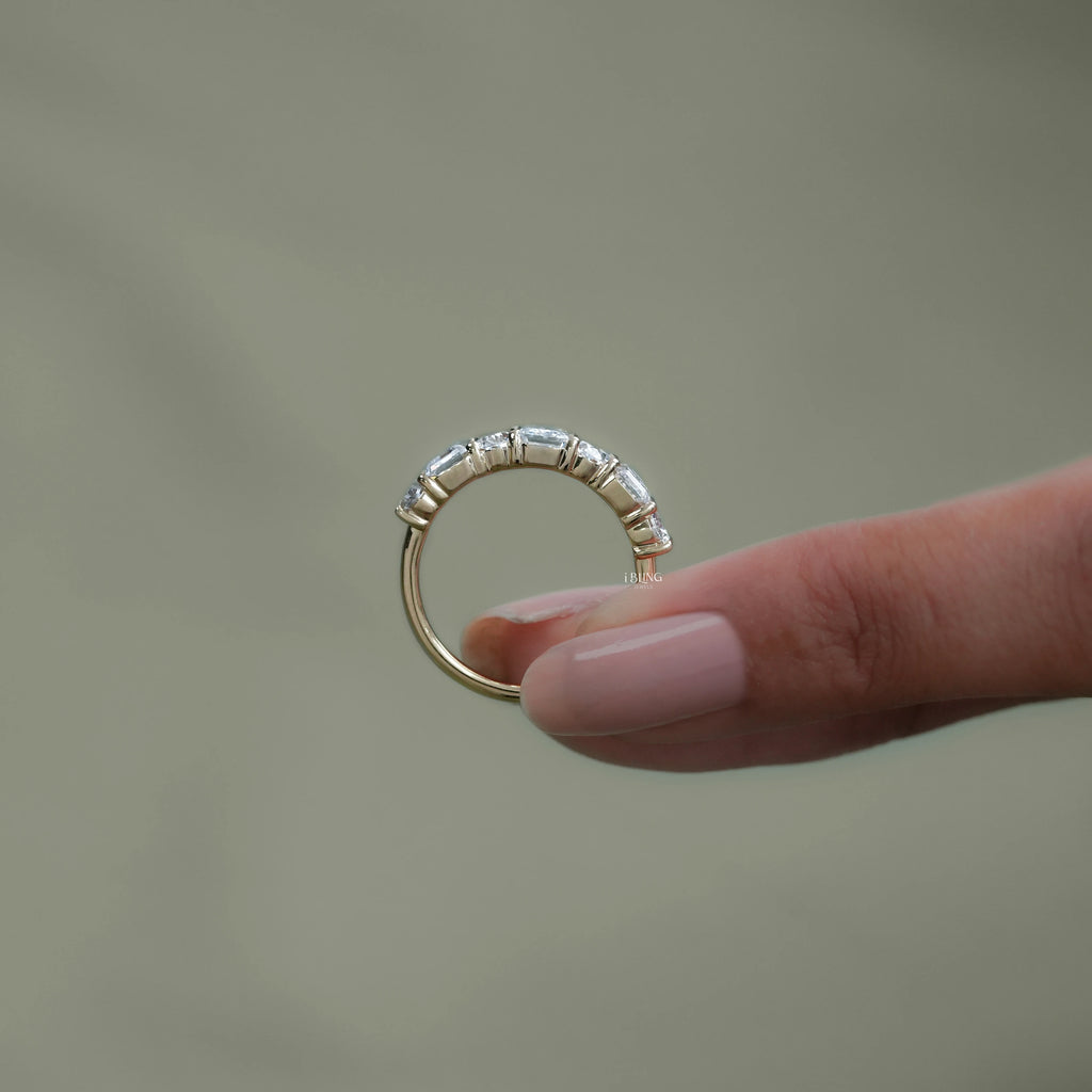 Emerald And Oval Diamond Seven Stone Wedding Band