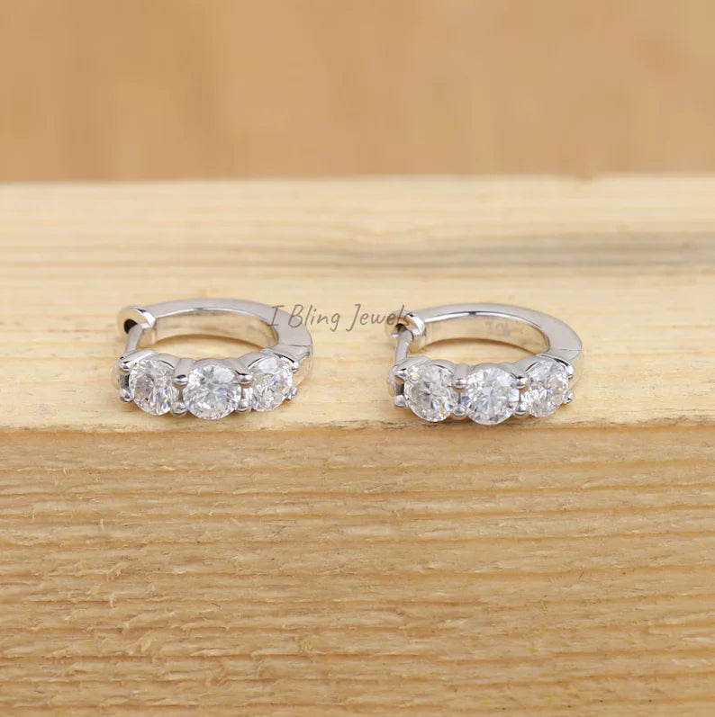 Round Cut Three Stone Huggie Hoop Earrings