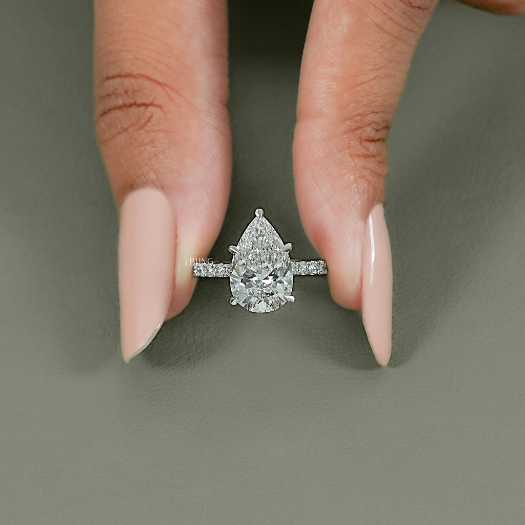 Pear Cut Lab Diamond Hidden Halo Accent Ring