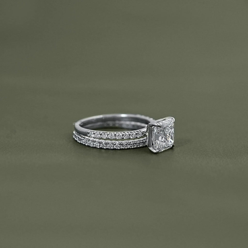 Square Radiant Cut Dimond Accent Engagement Ring Set