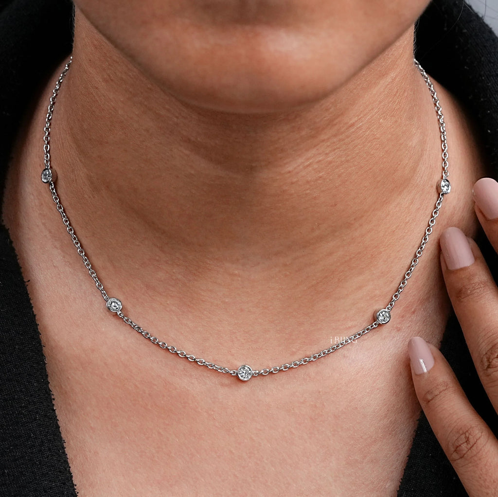 Round Lab Diamond Bezel Set Station Necklace