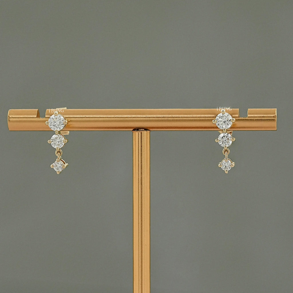 Round Cut Lab Diamond Three Stone Dangle Drop Earring