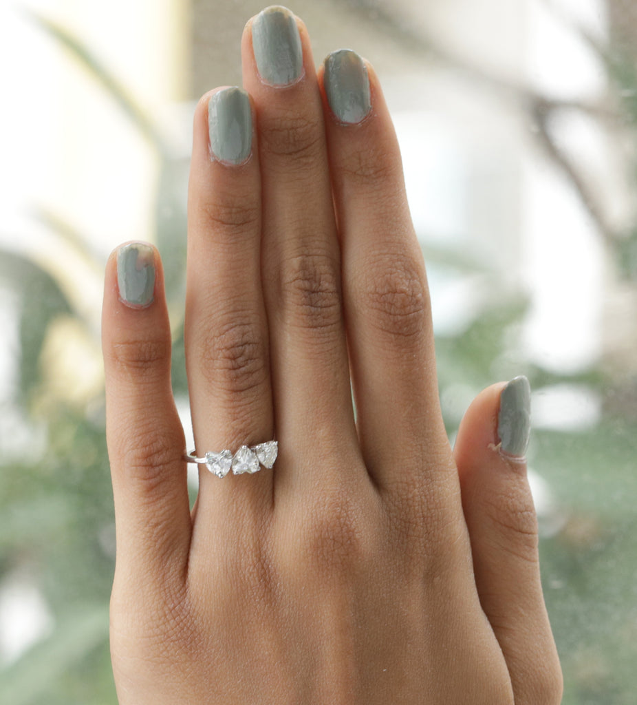 Three Stone Heart Cut Moissanite Engagement Ring