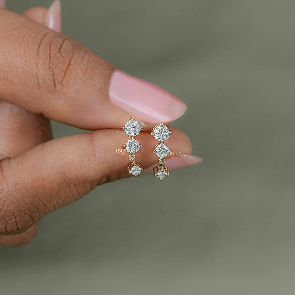 Round Cut Lab Diamond Three Stone Dangle Drop Earring