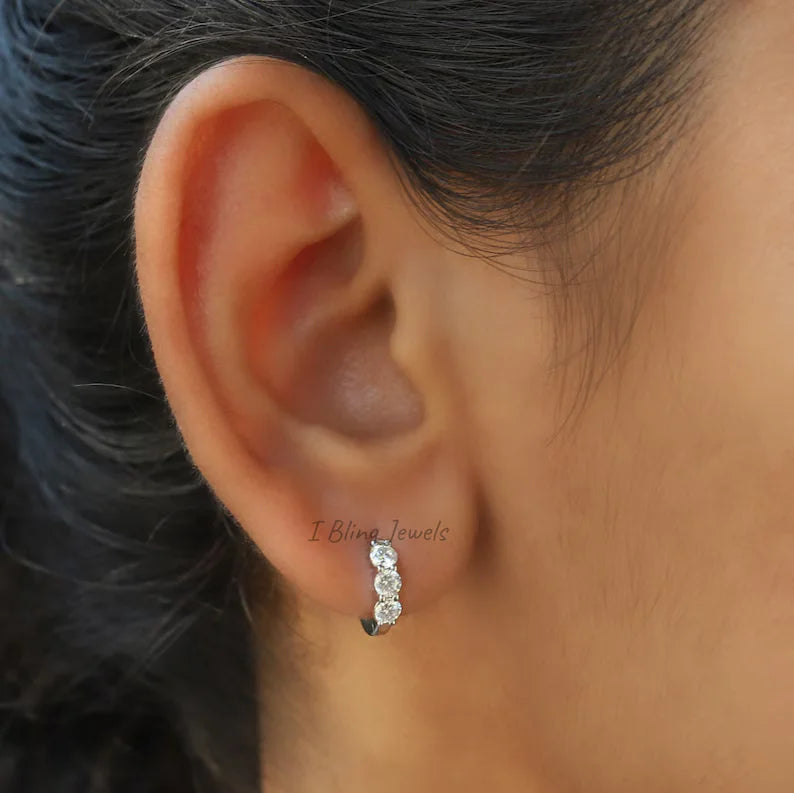 Round Cut Three Stone Huggie Hoop Earrings