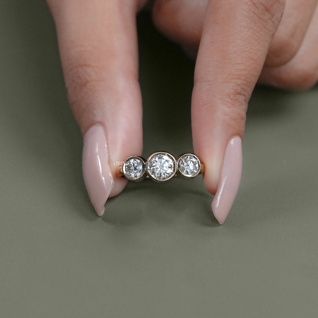 Three Stone Round Lab Diamond Bezel Set Engagement Ring