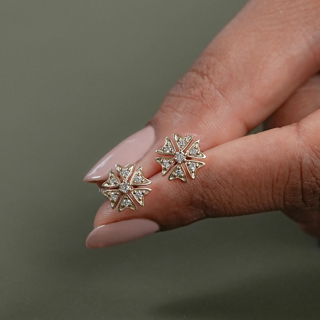 Tiny Round Cut Lab Diamond Floral Shape Stud Earrings