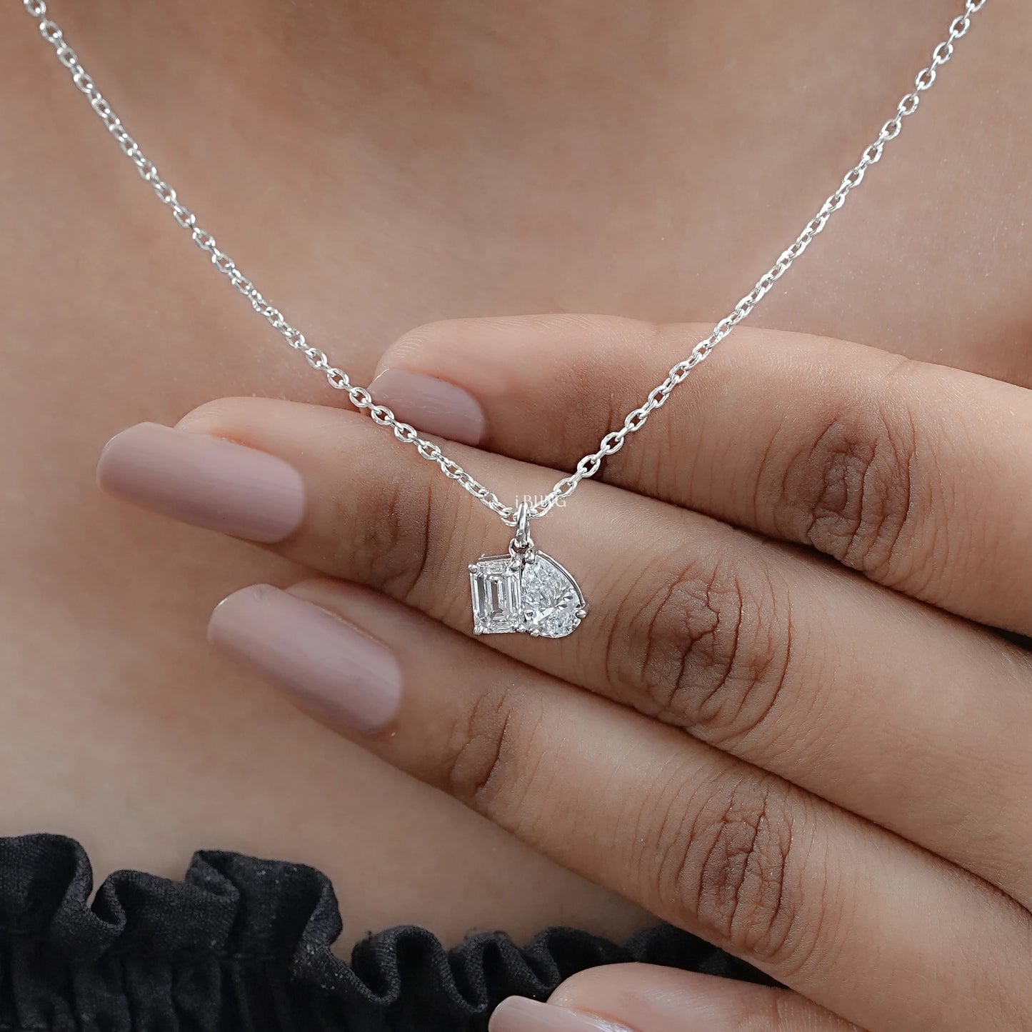 Two Stone Emerald & Pear Lab Diamond Necklace