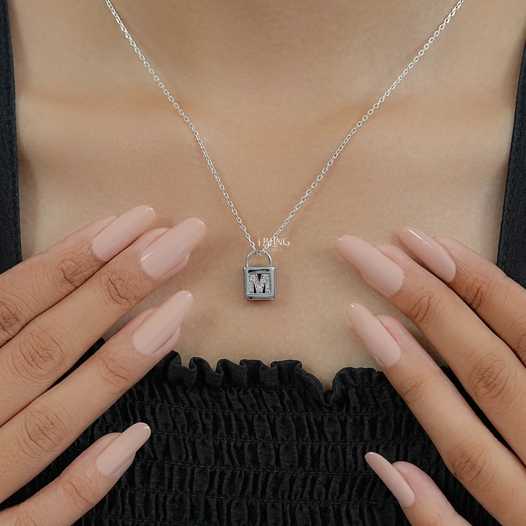 Round Cut Lab Diamond Padlock M Letter Necklace