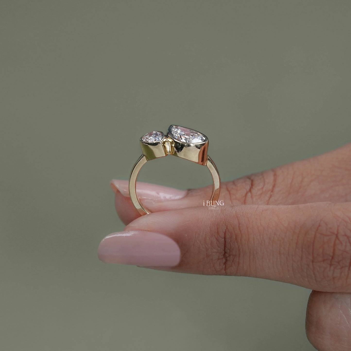 Two Pear Lab Diamond Bezel Set Wedding Ring Two Stone Ring