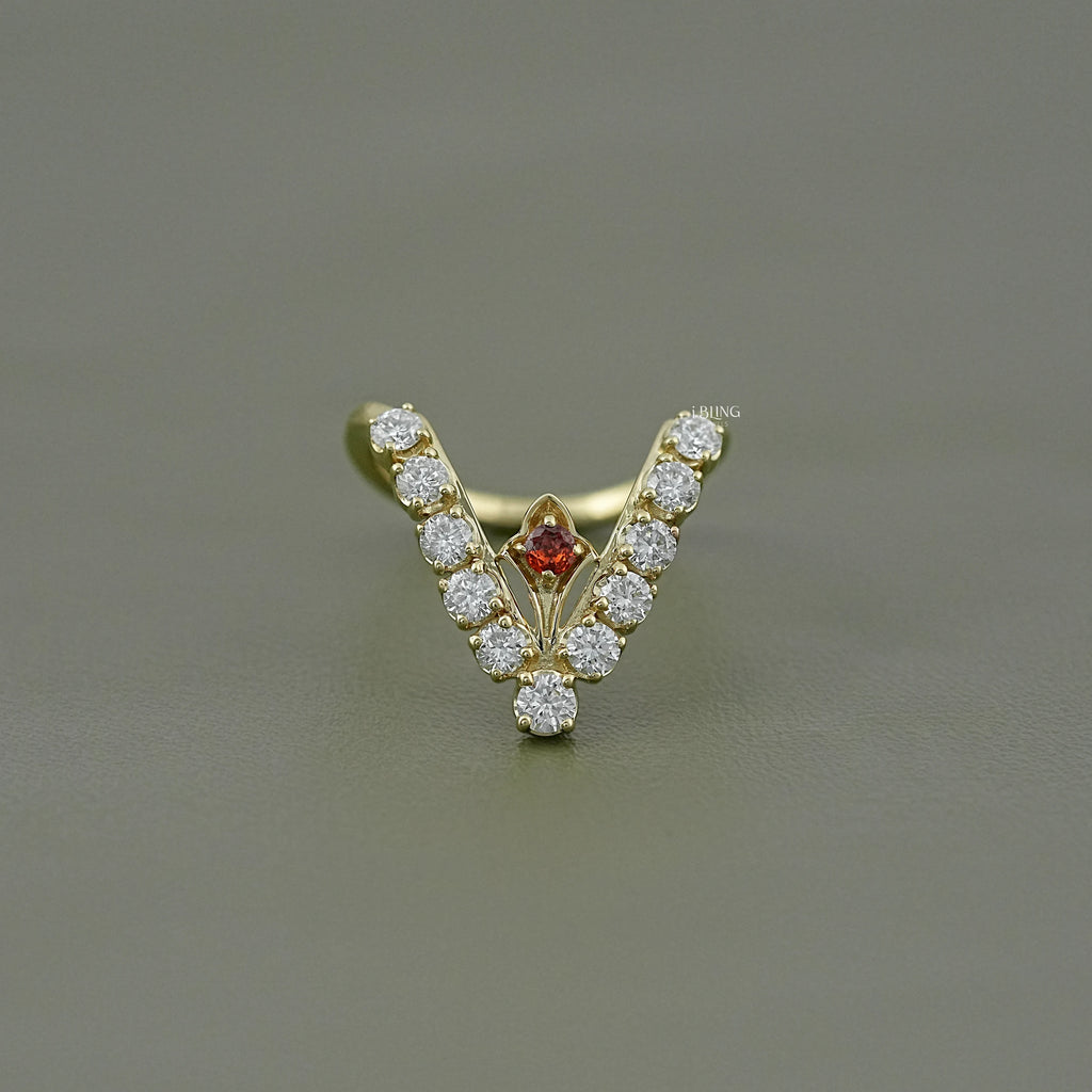 Yellow Gold Ruby & Round Diamond Wishbone Ring