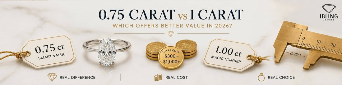 0.75 carat vs 1 carat lab grown diamond engagement ring comparison showing value, size difference and price savings in 2026.
